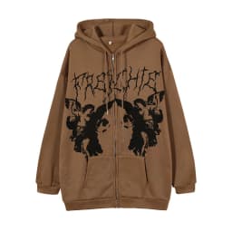 Women Vintage Angel Print Hooded Jacket Men Zip Up Long Sleeve Pocket Autumn Winter Streetwear Coat Y2K Aesthetic Loose Hoodies