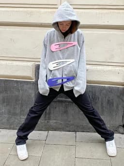 Fashion Grey Hoodie Jacket With Blue Pin For Women Y2k Casual Long Sleeve Pocket Coat Lady 2026 Spring Chic Street Outerwear