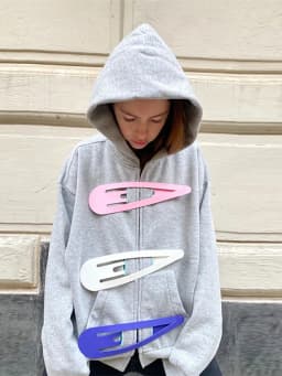 Fashion Grey Hoodie Jacket With Blue Pin For Women Y2k Casual Long Sleeve Pocket Coat Lady 2026 Spring Chic Street Outerwear