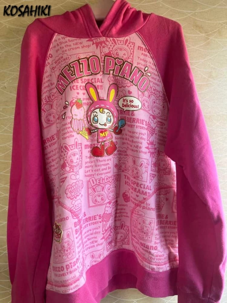 Japanese Kawaii Cute Cartoon Printing Hoodies Women Y2k Aesthetic Casual Patchwork Hoody Y2k Aesthetic Loose Pocket ​Sweatshirt