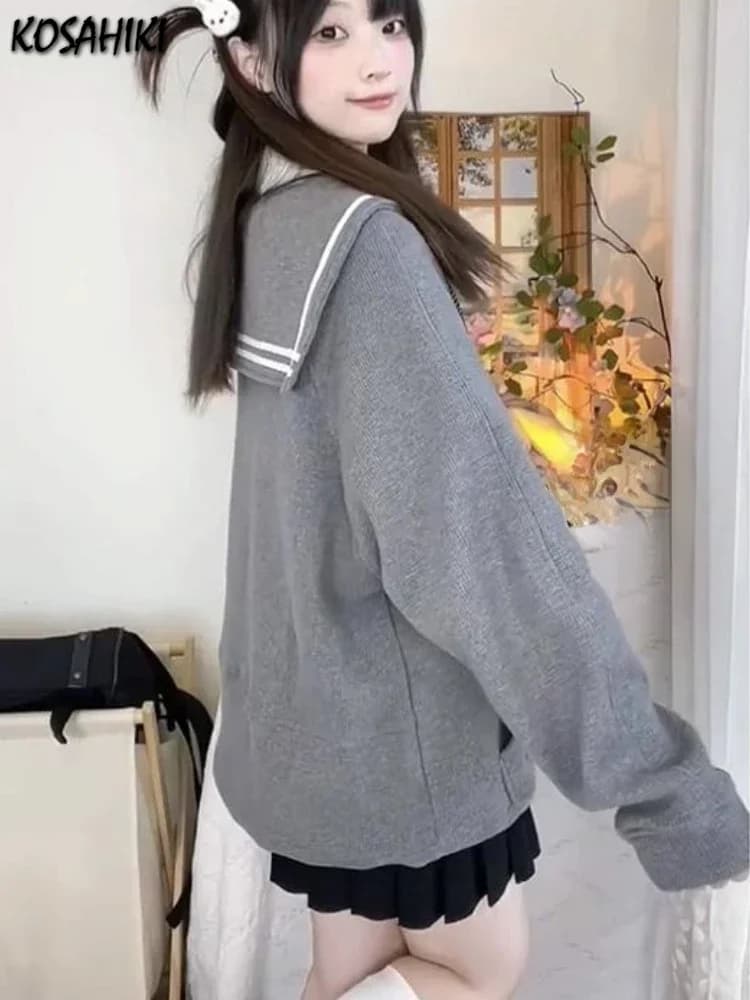Japanese Grunge Letter Embroidery Hoodie Harajuku Vintage Sailor Collar Zipper Jacket Casual Sweatshirt Y2k Aesthetic Streetwear