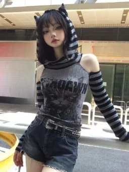 Japanese Gothic Vintage Punk Women Hoodie Striped Patchwork Cat Print Hollow Out Slim Long Sleeve Soft Pullovers 2025 Autumn New