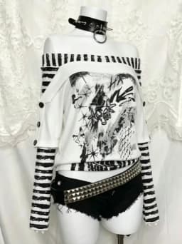 Japanese Gothic Vintage Punk Women Hoodie Striped Patchwork Cat Print Hollow Out Slim Long Sleeve Soft Pullovers 2025 Autumn New