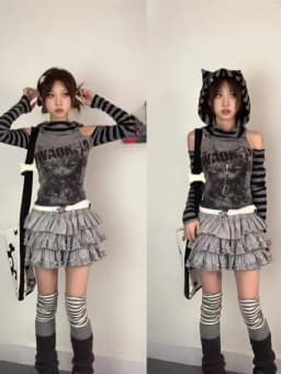 Japanese Gothic Vintage Punk Women Hoodie Striped Patchwork Cat Print Hollow Out Slim Long Sleeve Soft Pullovers 2025 Autumn New