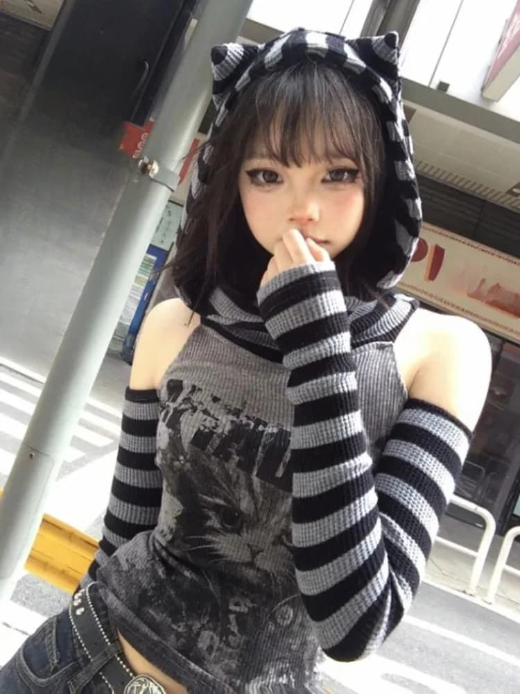 Japanese Gothic Vintage Punk Women Hoodie Striped Patchwork Cat Print Hollow Out Slim Long Sleeve Soft Pullovers 2025 Autumn New