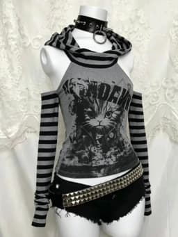 Japanese Gothic Vintage Punk Women Hoodie Striped Patchwork Cat Print Hollow Out Slim Long Sleeve Soft Pullovers 2025 Autumn New
