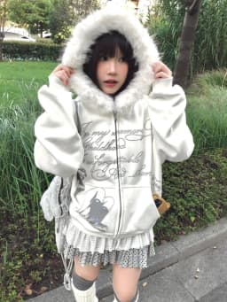 Y2K Japanese Kawai Faxu Fur Hoodies Subculture Streetwear Zipper Coat Cartoon Print Long Sleeve Retro Gothic Sweatshirts
