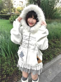 Y2K Japanese Kawai Faxu Fur Hoodies Subculture Streetwear Zipper Coat Cartoon Print Long Sleeve Retro Gothic Sweatshirts