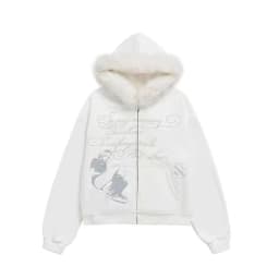 Y2K Japanese Kawai Faxu Fur Hoodies Subculture Streetwear Zipper Coat Cartoon Print Long Sleeve Retro Gothic Sweatshirts