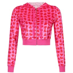 Women Pink Heart Print Velvet Crop Hoodies Zip Up Y2K Long Sleeve Cropped Sweatshirts Coat 90s E Girl Jacket Tracksuit