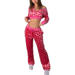 Women Pink Heart Print Velvet Crop Hoodies Zip Up Y2K Long Sleeve Cropped Sweatshirts Coat 90s E Girl Jacket Tracksuit