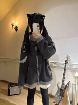 Deep Grey Subculture Hoodie Jacket Loose Fit Cute Lightweight Japanese Style Long Sleeve Cotton Sweatshirt for Women