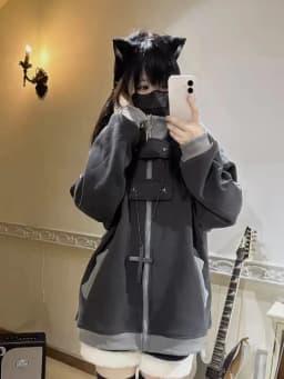 Deep Grey Subculture Hoodie Jacket Loose Fit Cute Lightweight Japanese Style Long Sleeve Cotton Sweatshirt for Women