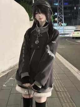 Deep Grey Subculture Hoodie Jacket Loose Fit Cute Lightweight Japanese Style Long Sleeve Cotton Sweatshirt for Women