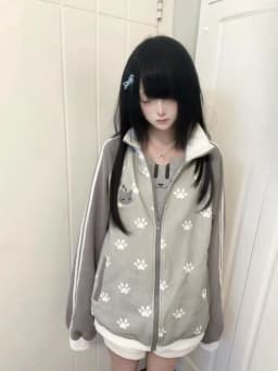 2026 Japanese Cat Embroidery Grunge Sweatshirts Women Y2k Aesthetic Patchwork Loose Hoody Casual Stand Neck Hoodie Preppy Style