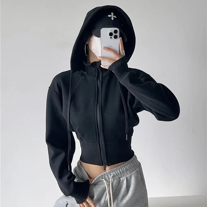Zipper Fleece Lined Hooded Sweatshirt Jacket Loose Casual Sportswear Stand Collar Removable Hat Autumn Winter Women's Clothing