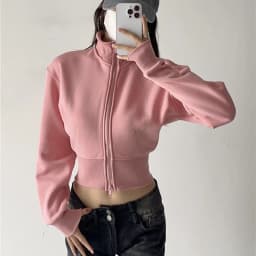 Zipper Fleece Lined Hooded Sweatshirt Jacket Loose Casual Sportswear Stand Collar Removable Hat Autumn Winter Women's Clothing