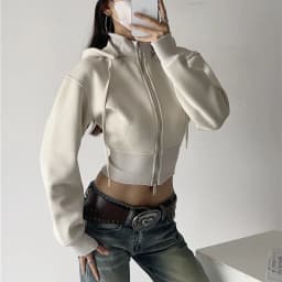 Zipper Fleece Lined Hooded Sweatshirt Jacket Loose Casual Sportswear Stand Collar Removable Hat Autumn Winter Women's Clothing