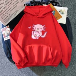 Anime Axolotl Loves Strawberry Milk Doodle Hoodie Kawaii Hoodies Winter Women Spring/Autumn Unisex Sweatshirt Harajuku Sudaderas