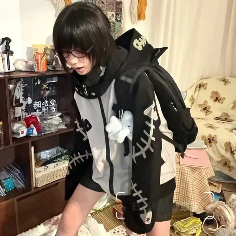 Subculture Halloween Hoodie Women Patchwork Fishbone Print Long Sleeve Sweatshirt Zip Embroidered Cute Stand Collar Jacket
