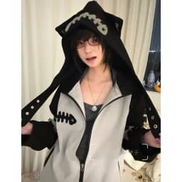 Subculture Halloween Hoodie Women Patchwork Fishbone Print Long Sleeve Sweatshirt Zip Embroidered Cute Stand Collar Jacket