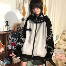 Subculture Halloween Hoodie Women Patchwork Fishbone Print Long Sleeve Sweatshirt Zip Embroidered Cute Stand Collar Jacket