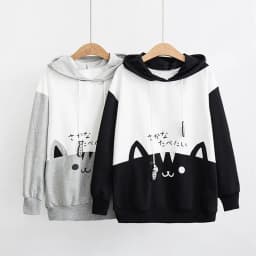Cat Print Hoodie Women Y2K Streetwear Long Sleeve Sweatshirt Cute Cartoon Pullover with Drawstring Hood