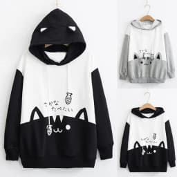 Cat Print Hoodie Women Y2K Streetwear Long Sleeve Sweatshirt Cute Cartoon Pullover with Drawstring Hood