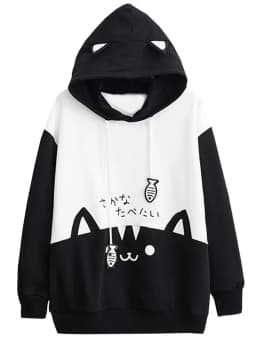 Cat Print Hoodie Women Y2K Streetwear Long Sleeve Sweatshirt Cute Cartoon Pullover with Drawstring Hood