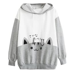 Cat Print Hoodie Women Y2K Streetwear Long Sleeve Sweatshirt Cute Cartoon Pullover with Drawstring Hood
