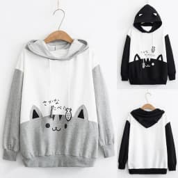 Cat Print Hoodie Women Y2K Streetwear Long Sleeve Sweatshirt Cute Cartoon Pullover with Drawstring Hood