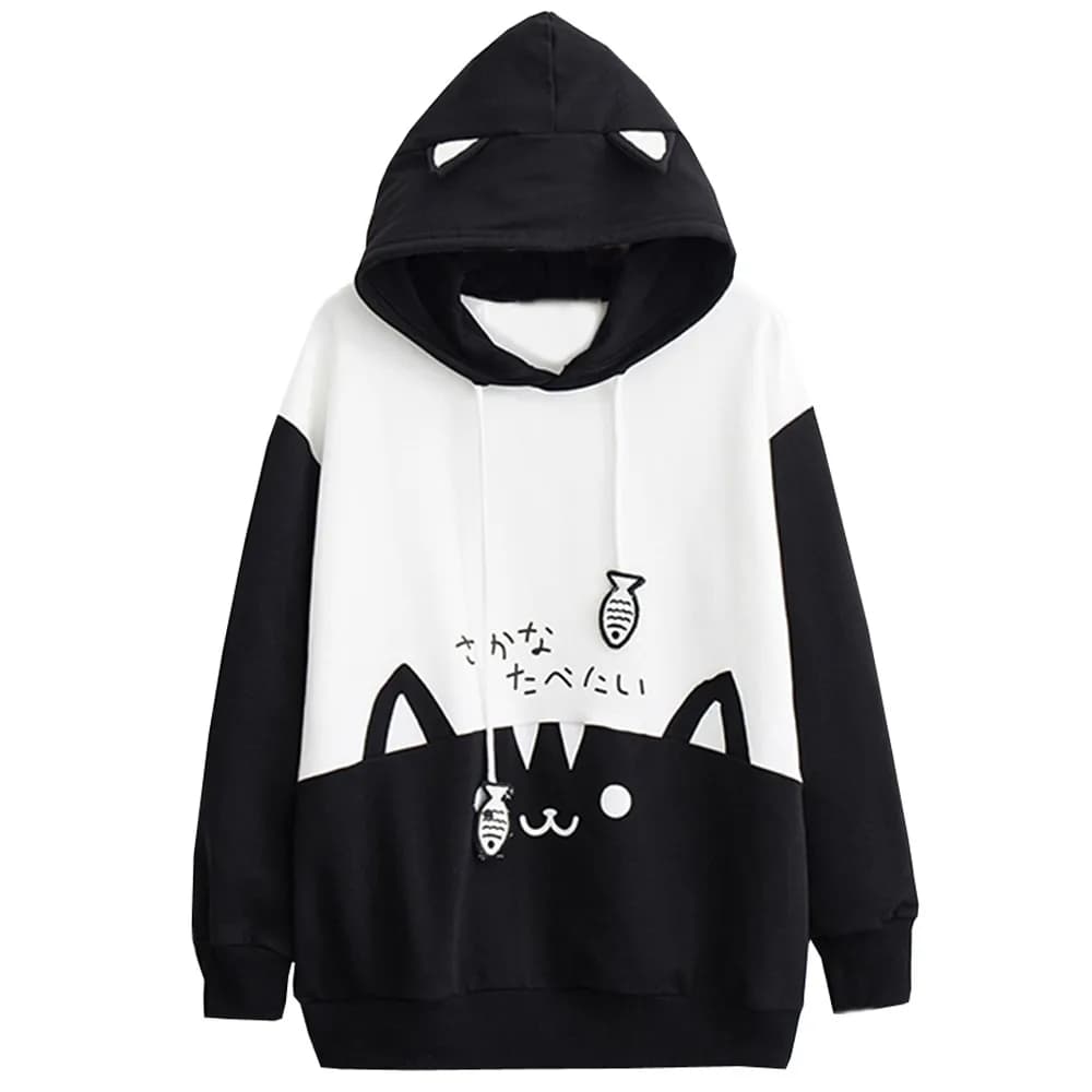 Cat Print Hoodie Women Y2K Streetwear Long Sleeve Sweatshirt Cute Cartoon Pullover with Drawstring Hood