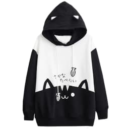 Cat Print Hoodie Women Y2K Streetwear Long Sleeve Sweatshirt Cute Cartoon Pullover with Drawstring Hood