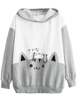 Cat Print Hoodie Women Y2K Streetwear Long Sleeve Sweatshirt Cute Cartoon Pullover with Drawstring Hood