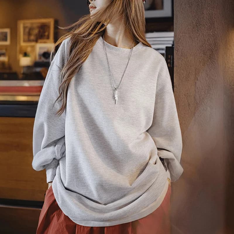 Maden Women's Waffle Knit Sweatshirt Loose Fit Crew Neck Pullover with Lantern Sleeves Lightweight Gray Casual Top for Fall