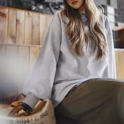 Maden Women's Waffle Knit Sweatshirt Loose Fit Crew Neck Pullover with Lantern Sleeves Lightweight Gray Casual Top for Fall