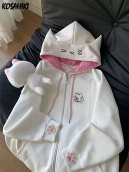 Japanese Cartoon Embroidery Casual Kawaii Hoodies Y2k Aesthetic Loose Drawstring Women Hoody Harajuku Autumn Zipper Sweatshirt