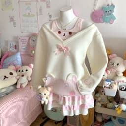 Sweet Hoodie Women Japanese Sweatshirts Y2k Tops Contrast Color Casual Fashion Hoodies Off Shoulder Cartoon Cute Fake Two Top