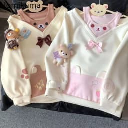 Sweet Hoodie Women Japanese Sweatshirts Y2k Tops Contrast Color Casual Fashion Hoodies Off Shoulder Cartoon Cute Fake Two Top