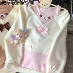 Sweet Hoodie Women Japanese Sweatshirts Y2k Tops Contrast Color Casual Fashion Hoodies Off Shoulder Cartoon Cute Fake Two Top