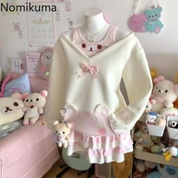 Sweet Hoodie Women Japanese Sweatshirts Y2k Tops Contrast Color Casual Fashion Hoodies Off Shoulder Cartoon Cute Fake Two Top