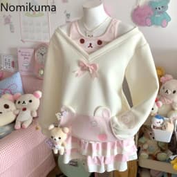 Sweet Hoodie Women Japanese Sweatshirts Y2k Tops Contrast Color Casual Fashion Hoodies Off Shoulder Cartoon Cute Fake Two Top