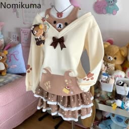 Sweet Hoodie Women Japanese Sweatshirts Y2k Tops Contrast Color Casual Fashion Hoodies Off Shoulder Cartoon Cute Fake Two Top