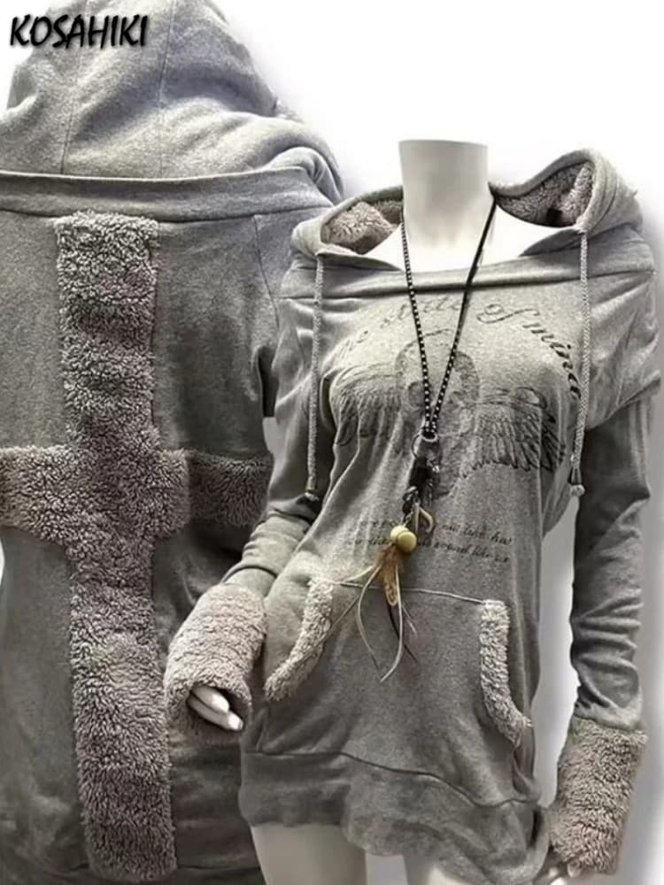 Streetwear Letter Skull Print Casual Hoodies Grunge Hooded Drawstring Sweatshirts Y2k Aesthetic Cross Patchwork Vintage Hoody