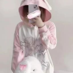 Japanese Casual Sweet Y2k Kawaii Hoodies Loose All Match Cute Contrast Color Women Coats Fashion Cartoon Print Zipper Sweatshirt