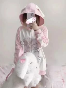 Japanese Casual Sweet Y2k Kawaii Hoodies Loose All Match Cute Contrast Color Women Coats Fashion Cartoon Print Zipper Sweatshirt