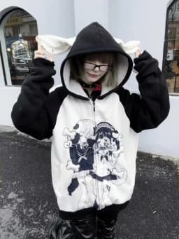 Japanese Casual Sweet Y2k Kawaii Hoodies Loose All Match Cute Contrast Color Women Coats Fashion Cartoon Print Zipper Sweatshirt