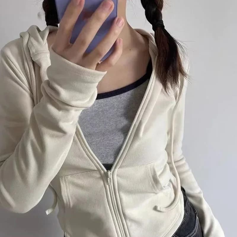 Xpqbb Vintage Zip Up Cropped Hoodies Women Solid Color Y2K Long Sleeve Hooded Jacket Woman Korean Style Slim Streetwear Hoody
