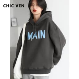 CHIC VEN Women's Pullovers Streetwear Casual Loose Letter Plush Thick Warm Hooded Tops Office Lady Coat Autumn Winter 2025