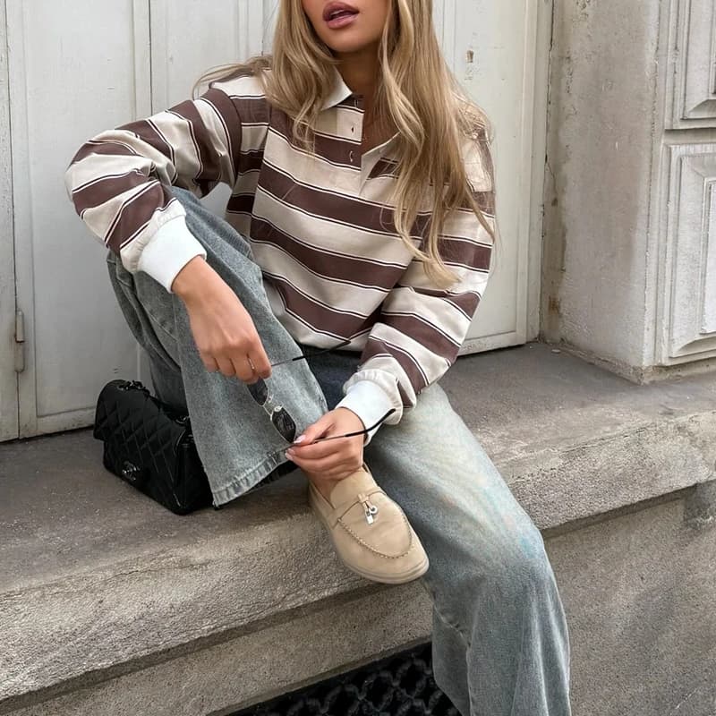 Combhasaki Women Spring Fall Button Turn-down Collar Tops Loose Casual Aesthetic Striped Print y2k Long Sleeve Hoodies Shirt
